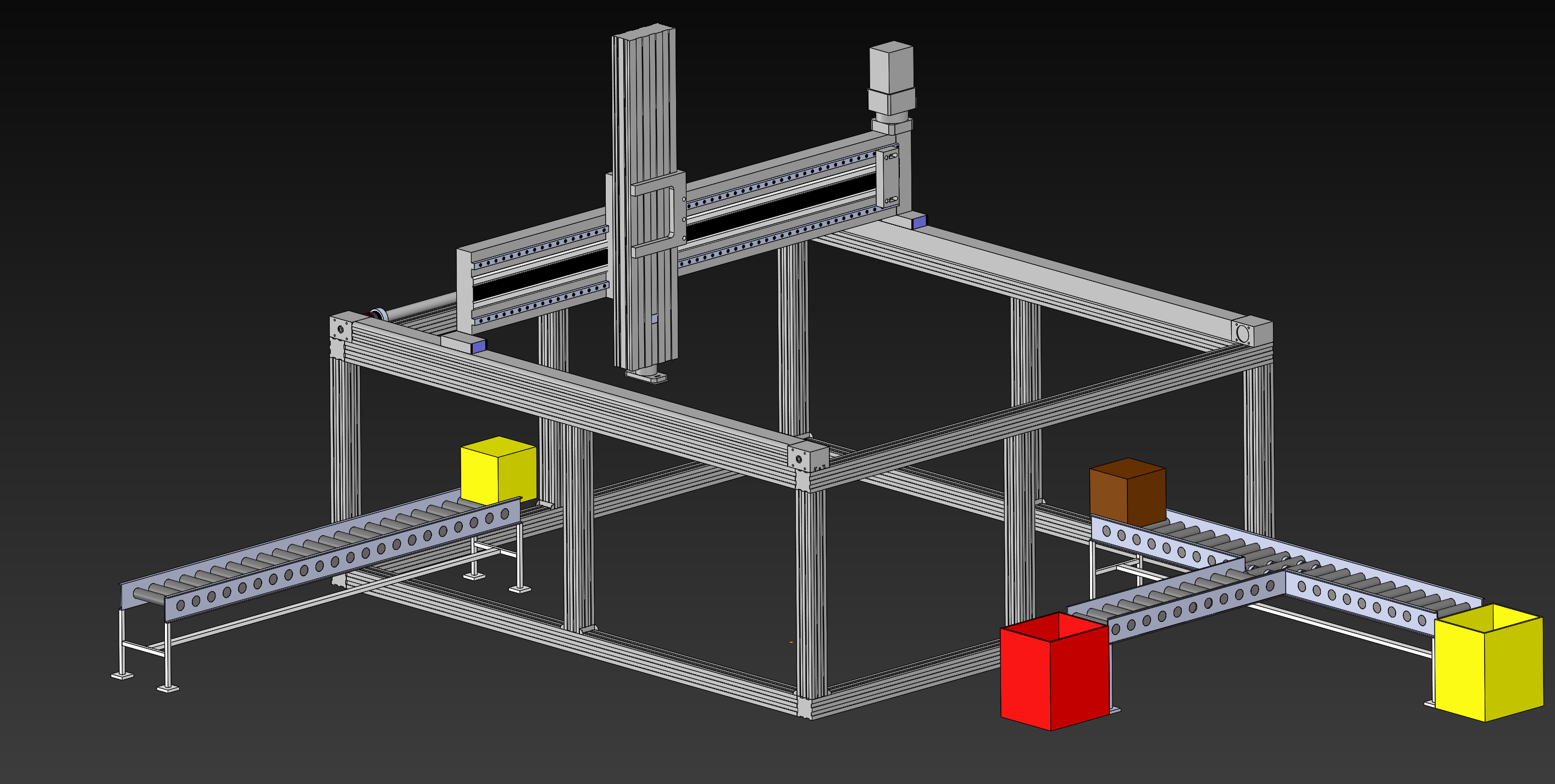 CAD render of a Cartesian robot with three conveyors