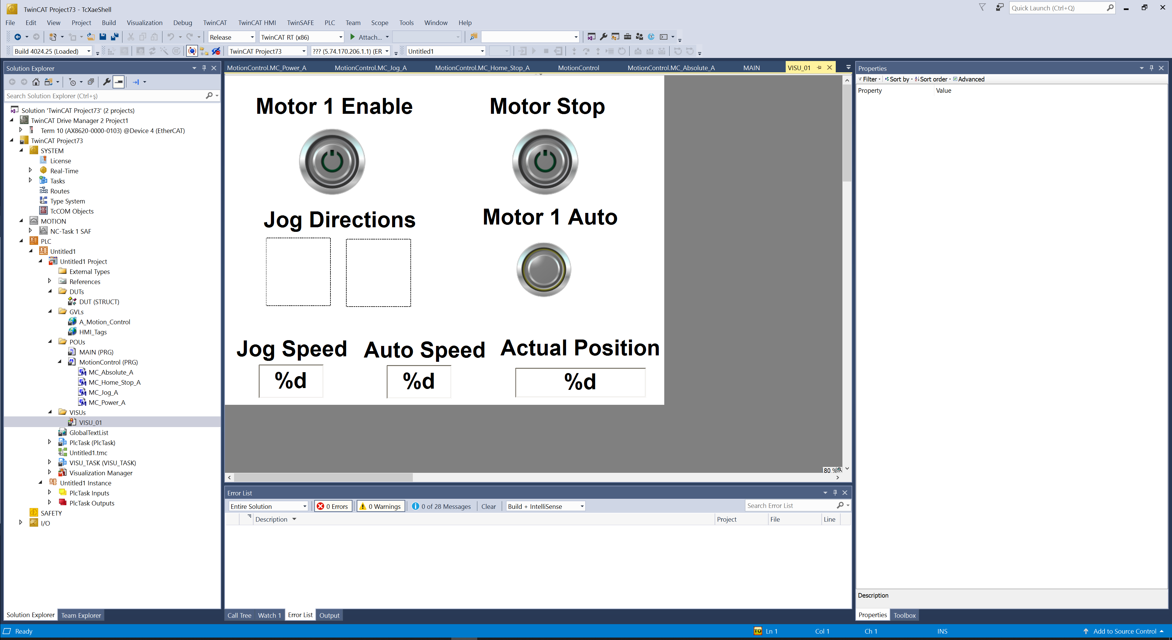 HMI project screen for a motor control study