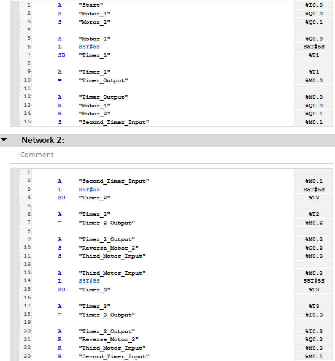 PLC logic screen for a motor sequencing study