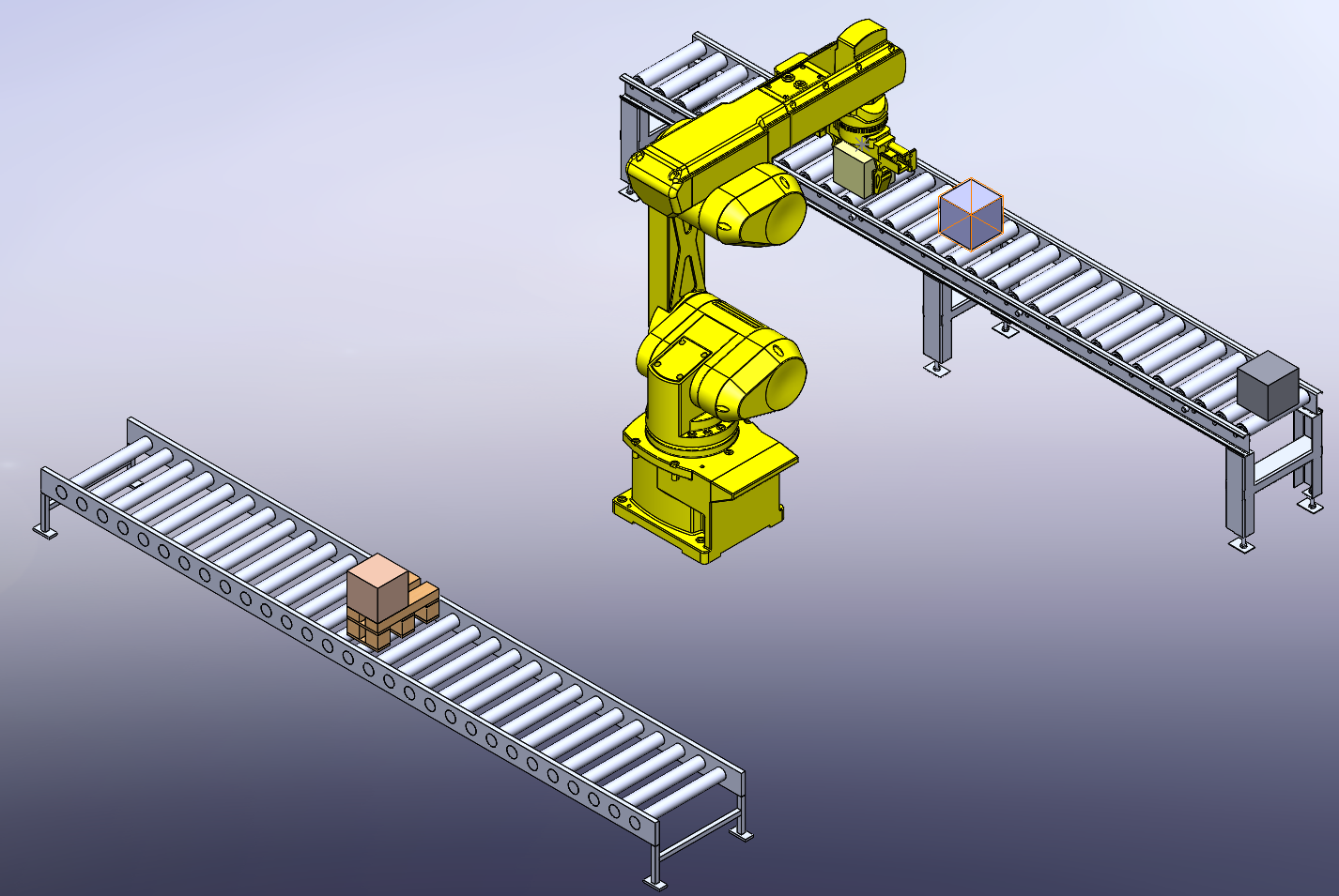 CAD render of a robotic transfer cell with conveyors