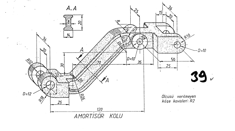Dimensioned technical drawing of a shock absorber arm